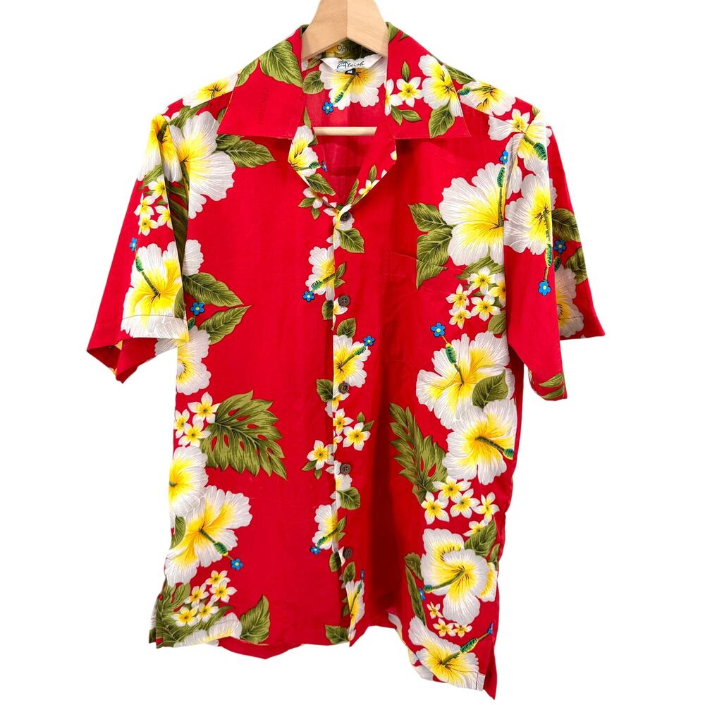 Alvish Red Yellow White Tropical Floral Hawaiian Short Sleeve Shirt